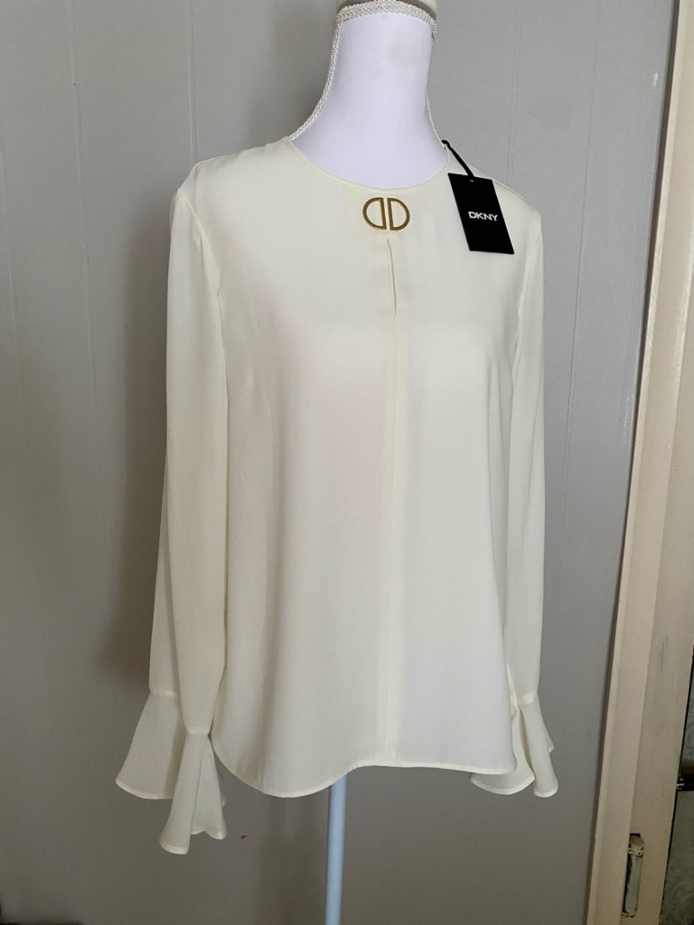 DKNY Cream Long Sleeve Blouse with Gold Logo Accent